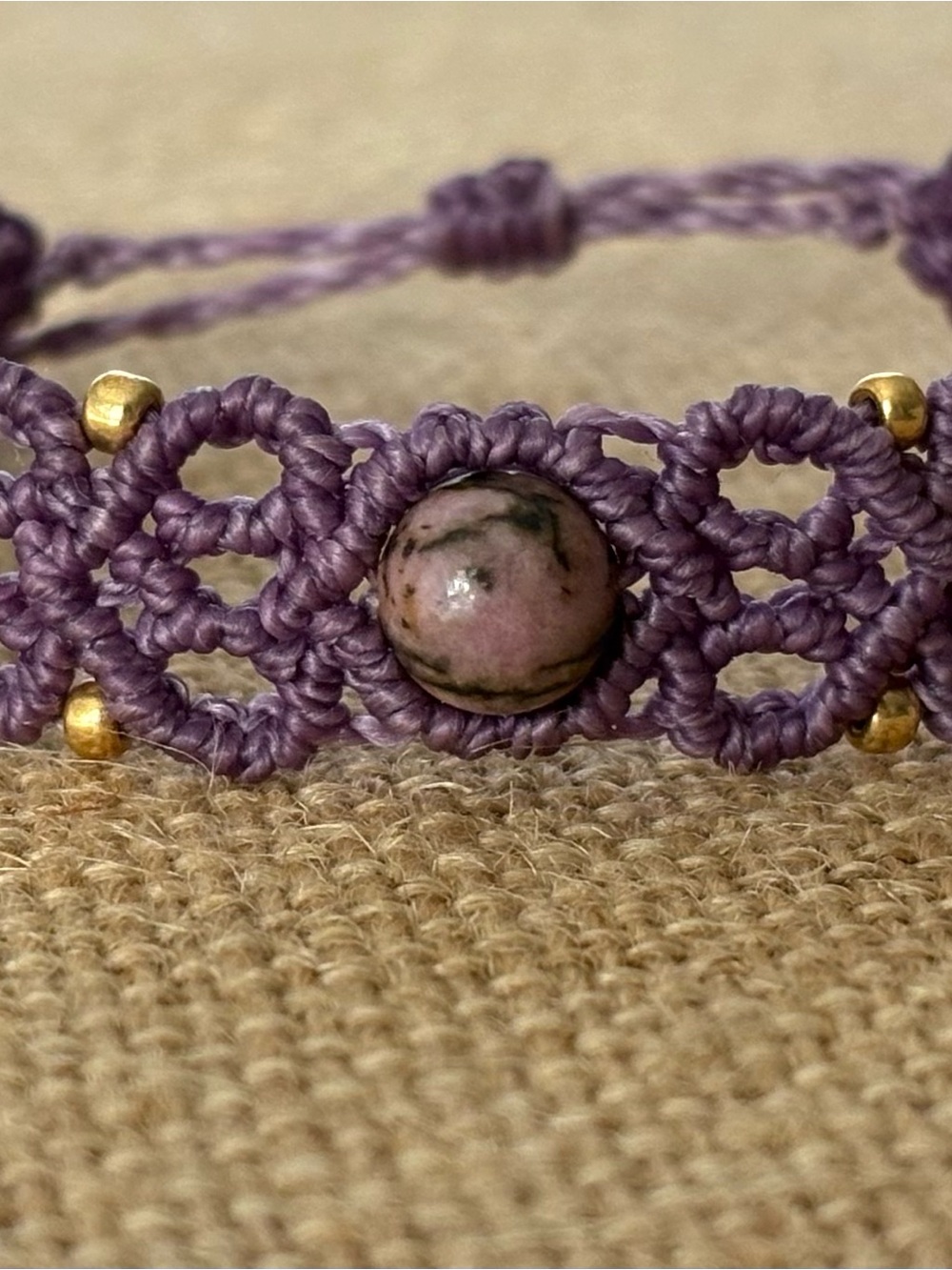 Handmade Purple MacramΓ© Bracelet with Rhodonite Bead